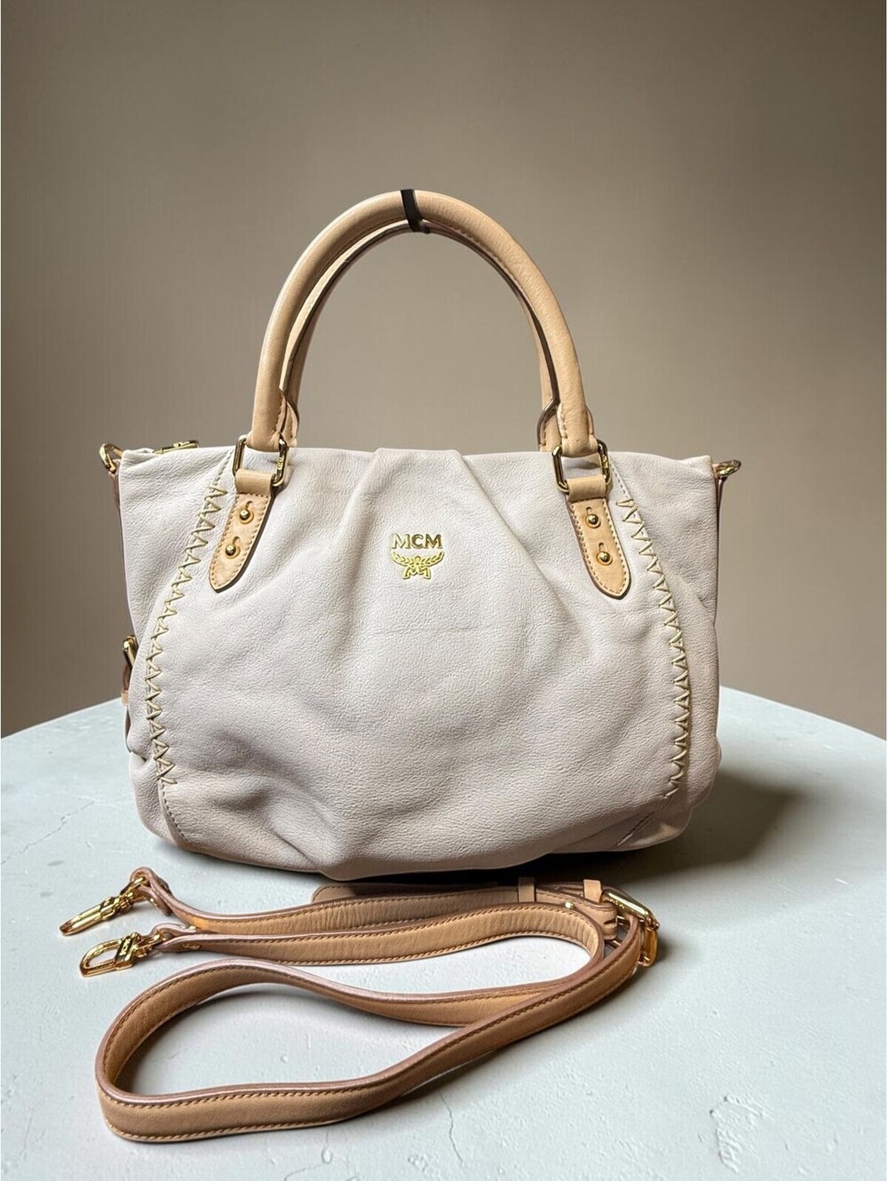 MCM Whipstitch Leather Satchel Cream Tan 2-Way Shoulder Crossbody Bag